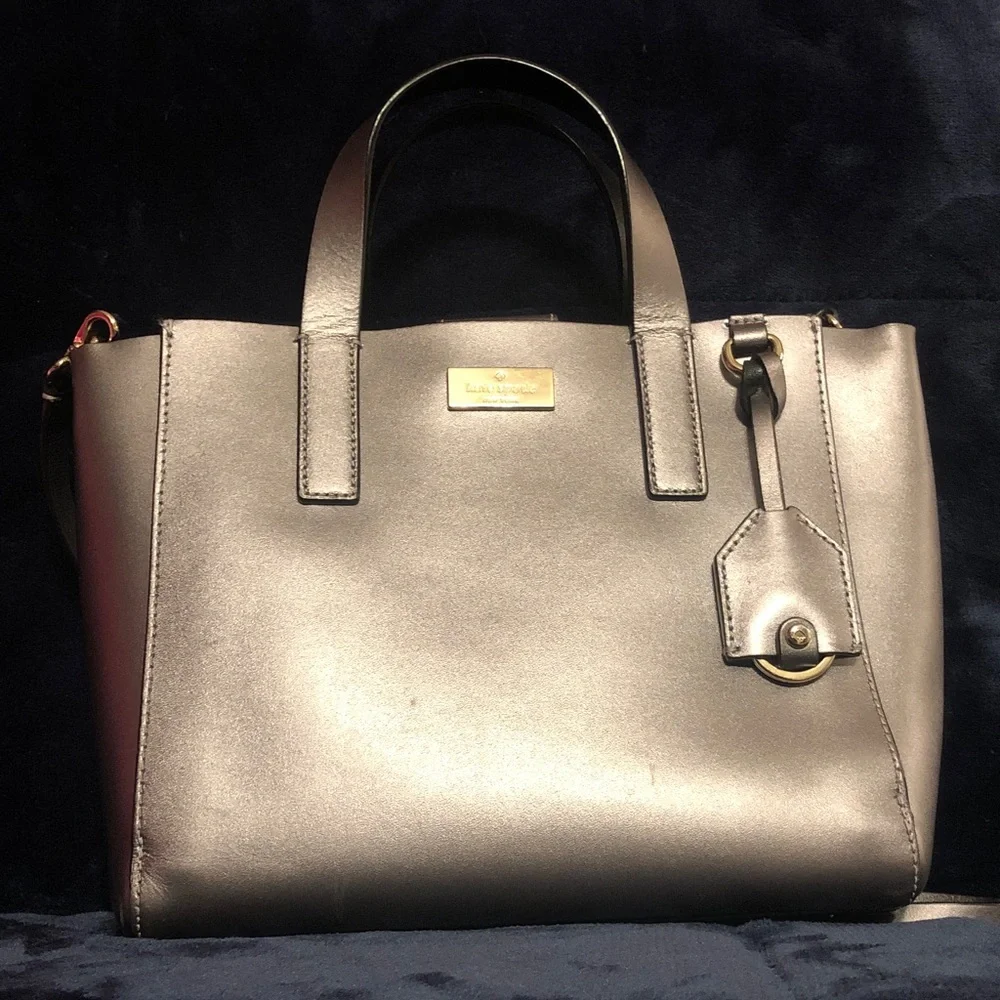 Kate Spade Metallic Gunmetal Leather Tote Bag with Tag